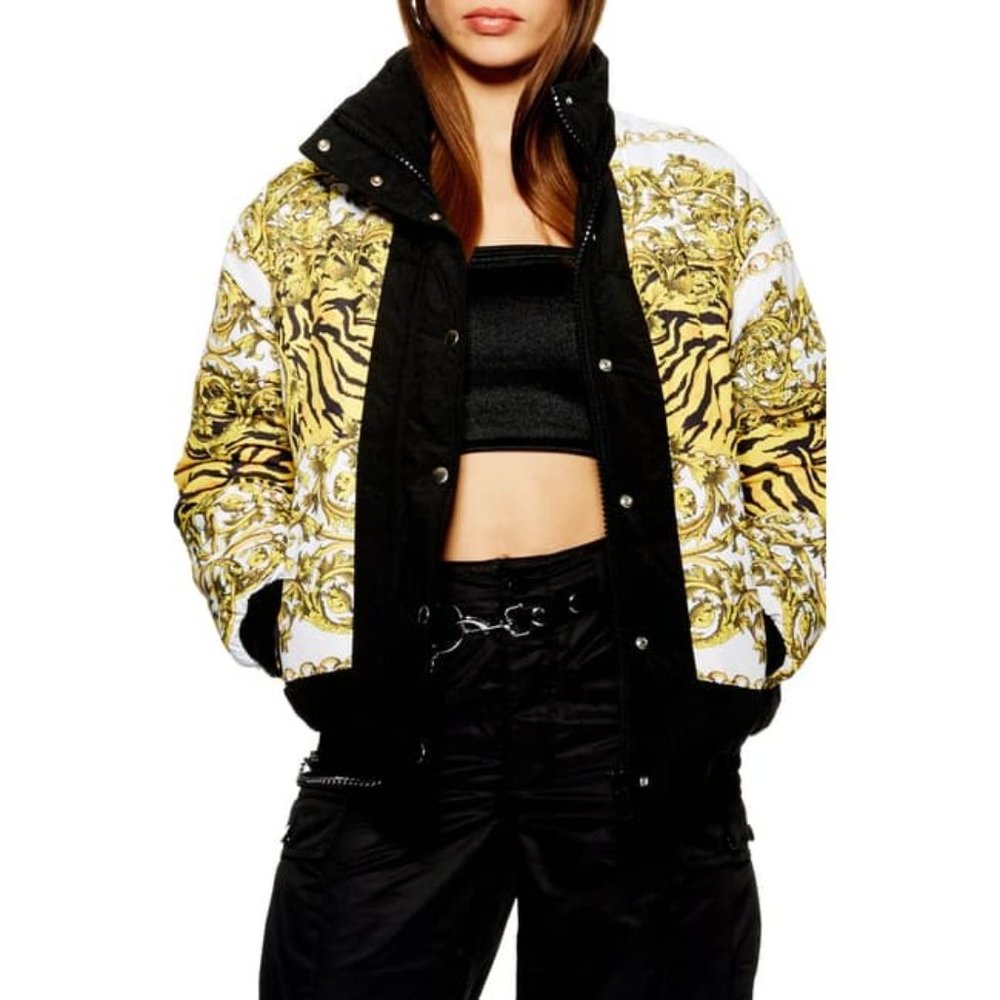 Topshop Chain Print Puffer Bomber Jacket